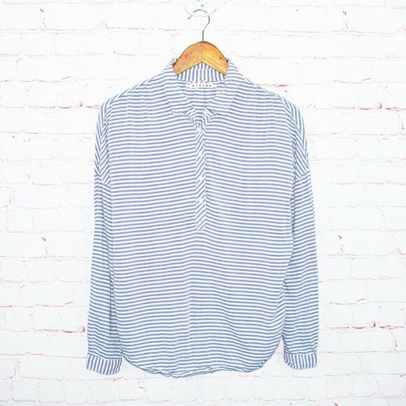 XIRENA Women's Half Button Popover Blouse Blue Striped sz Large - Picture 1 of 8